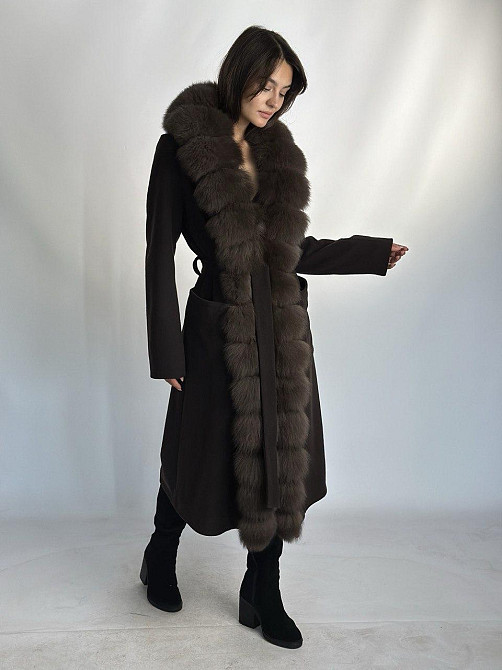 Женское кашемировое пальто с мехом по всей длине Шоколад, 52 Харьков - изображение 4
