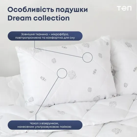 Подушка ТЕП 70-70 см гіпоалергенна для сну з поліефірного волокна квадратна dream біла з наповнювачем Одеса
