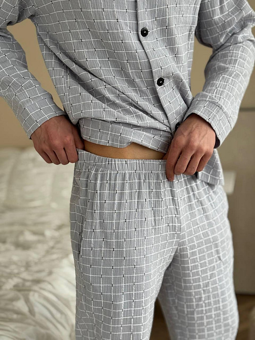 Мужской домашний костюм из муслиновой ткани на пуговицах Серый M-L Харьков - изображение 5