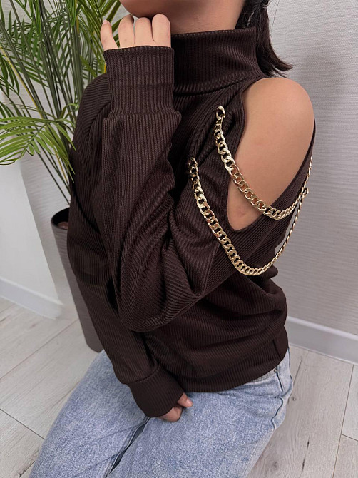 Стильний жіночий під горло светр із ланцюжком щільна ангора рубчик на фліс Шоколад, 48/50 Одеса - фото 5