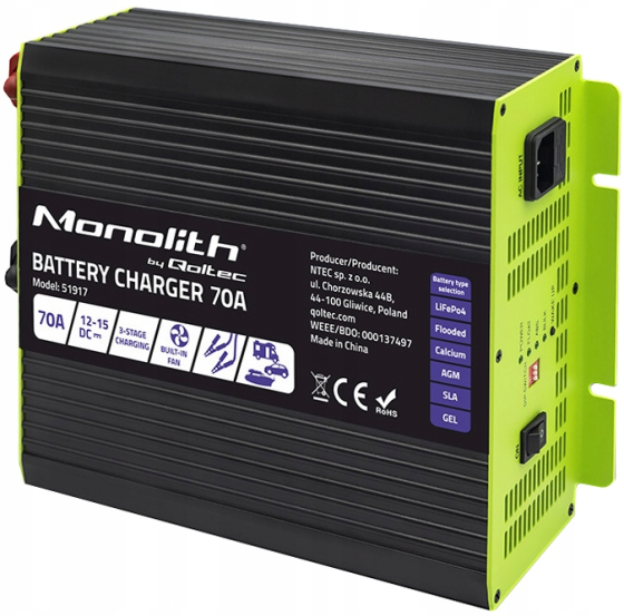 Зарядний пристрій для акумуляторів LiFePO₄ / AGM / GEL / SLA 70A 12V Qoltec (Польща) Київ