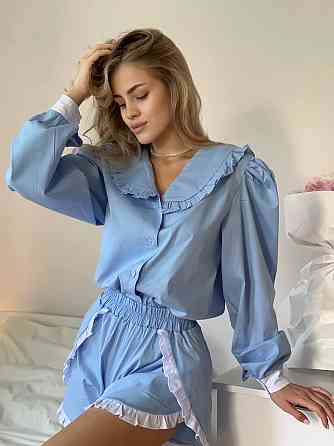 Женский летний костюм двойка: рубашка и шорты в пижамном стиле коттон Одесса