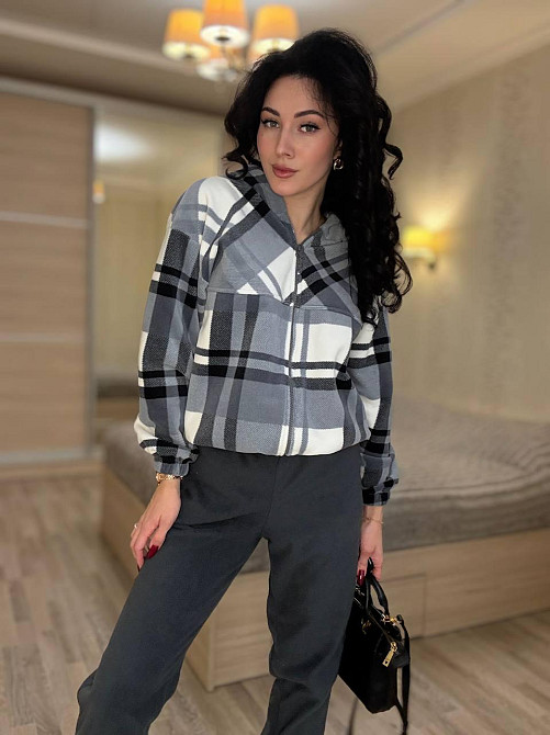 Женский прогулочный теплый костюм: кофта в клетку и штаны турецкий двусторонний флис Графит, 46/48 Одесса - изображение 2