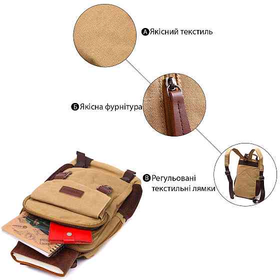 Оригінальний текстильний рюкзак з ущільненою спинкою та відділенням для планшета Vintage 22171 Пісочний Київ