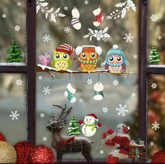 Новорічні наклейки сови на гілці - розмір стікера 25*70см, силікон Київ