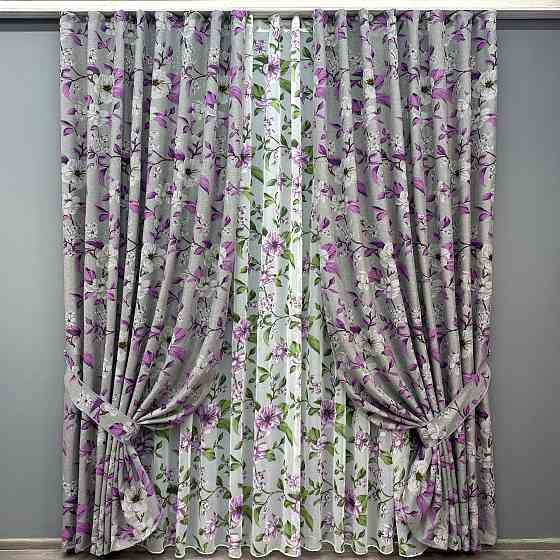 Комплект штор VR-Textil Лен Прованс 150х265 2шт и Тюль 400х265 1820ш-1802т Серый с фиолетовым и белым 71-109/3 Киев