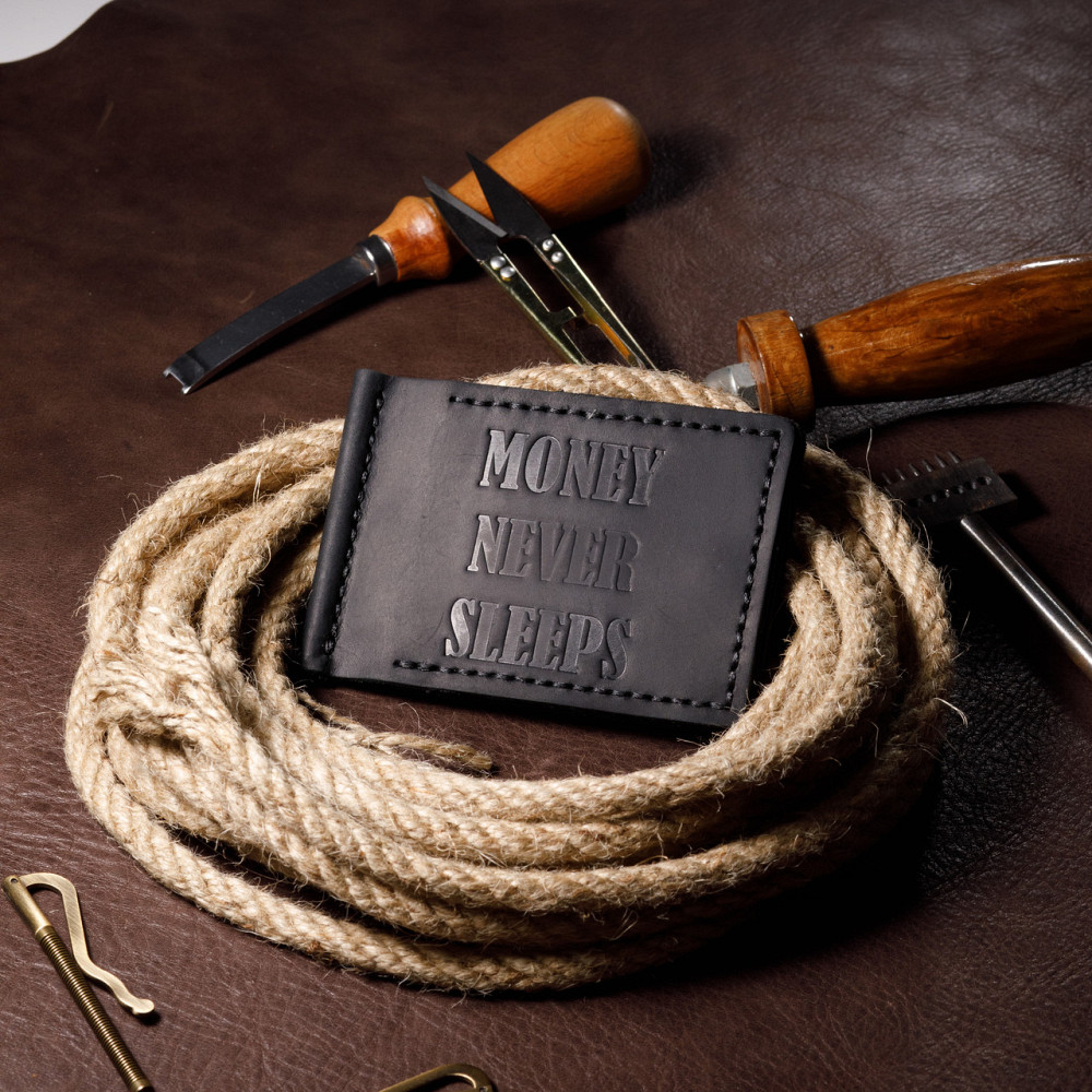 Затиск чоловічий для грошей з натуральної шкіри з відділеннями, місткий гаманець на кнопці, чорнийMasterSem Київ - фото 1