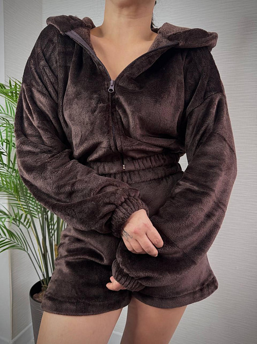 Женская теплая повседневная махровая пижама плотная двухсторонняя махра Шоколад Одесса - изображение 1