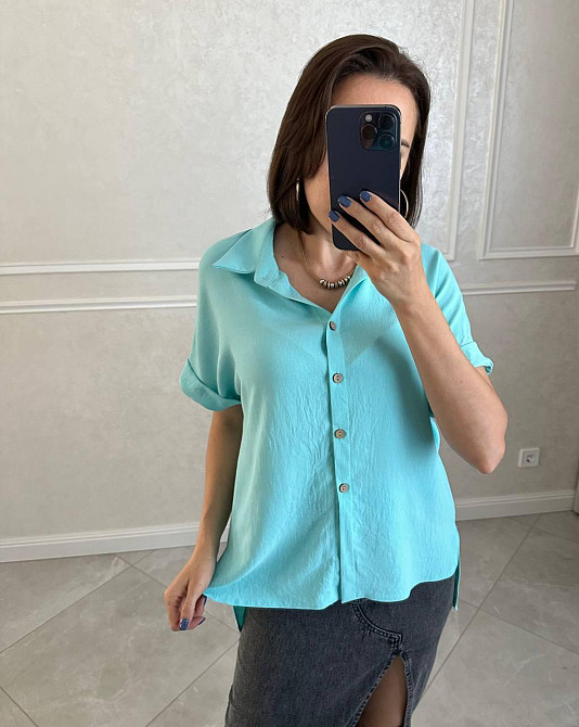Женская легкая базовая рубашка с коротким рукавом на пуговицах американский креп 46/48, Ментоловый Одесса - изображение 1
