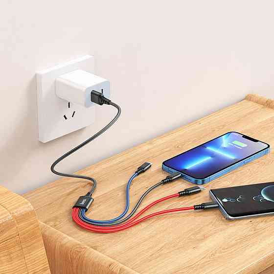 Кабель HOCO X76 USB to iP+Type-C+Type-C+Micro 2A, 1m, nylon, aluminum connectors Black+Red+Blue Киев