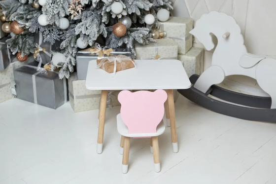 Дитячий прямокутний столик (Білий) та стільчик Ведмедик (Рожевий) Вінниця