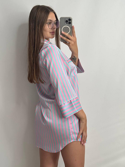 Женская ночная рубашка сатиновая Голубо-розовый полоска M Харьков - изображение 2