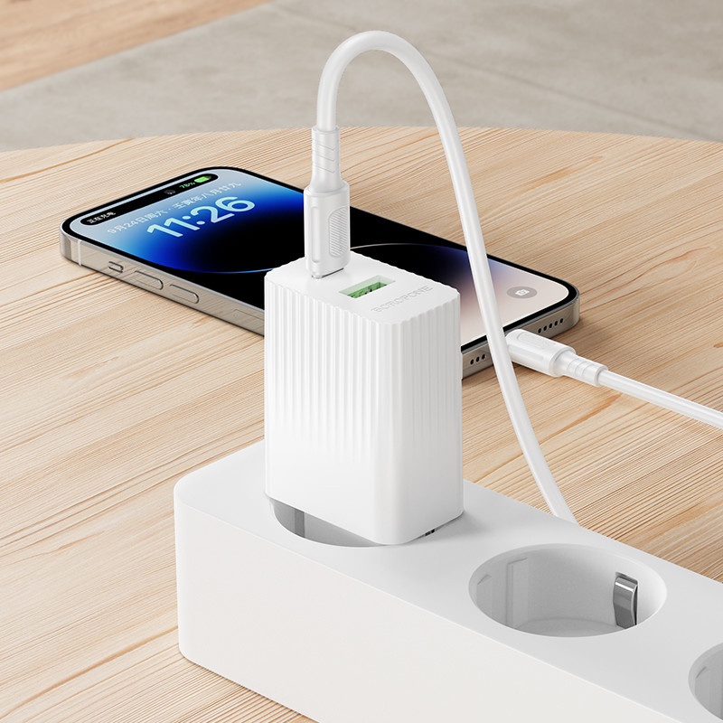 Мережевий зарядний пристрій з кабелем BOROFONE BAS76A Source PD30W+QC3.0 charger set(C to iP) White Одеса - фото 5