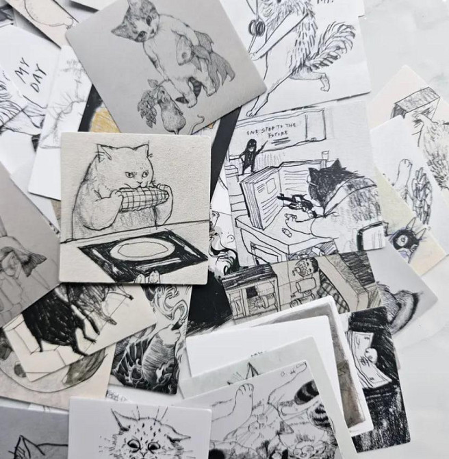 60 шт. черно-белые наклейки с эскизами кошек, смешные наклейки с котами, скикерпак кошки. Киев - изображение 7