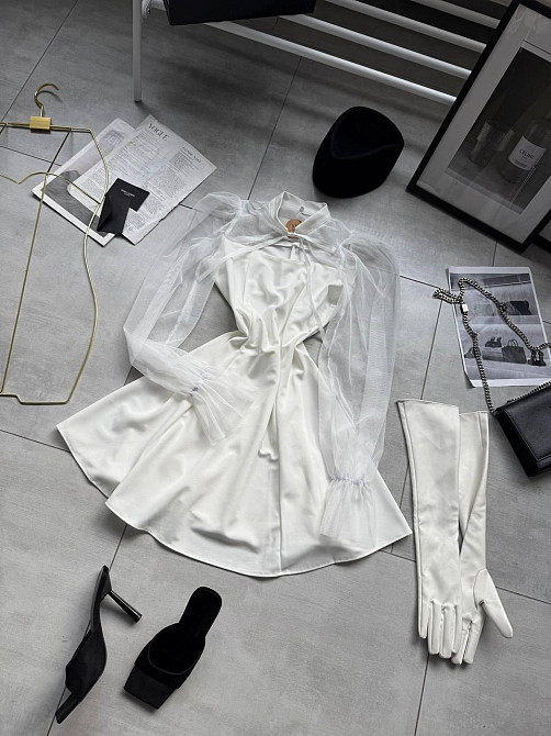 Женское нежное платье с рукавами из сеточки креп дайвинг Молочный, 42/44 Одесса - изображение 3