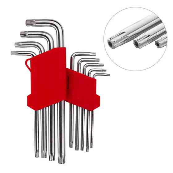 Набор ключей Г-образных TORX удлиненных, с отверстием, 9 шт, Т10-Т50, Cr-V INTERTOOL HT-0606 Киев