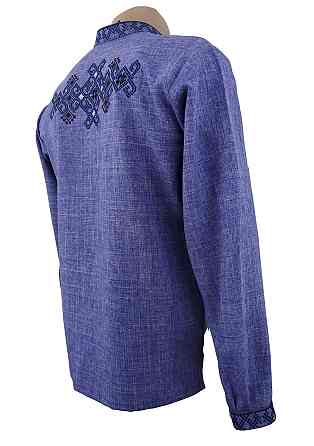 Чоловіча вишиванка з вишивкою на спині та комірцем стійкою в синьому кольорі Київ