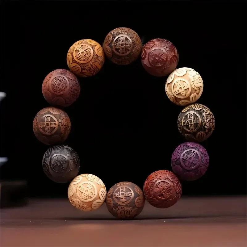 Браслет «Счастливые Деньги» — натуральное дерево, бусины 20 мм, гравировка монет, на резинке, унисекс Киев - изображение 2