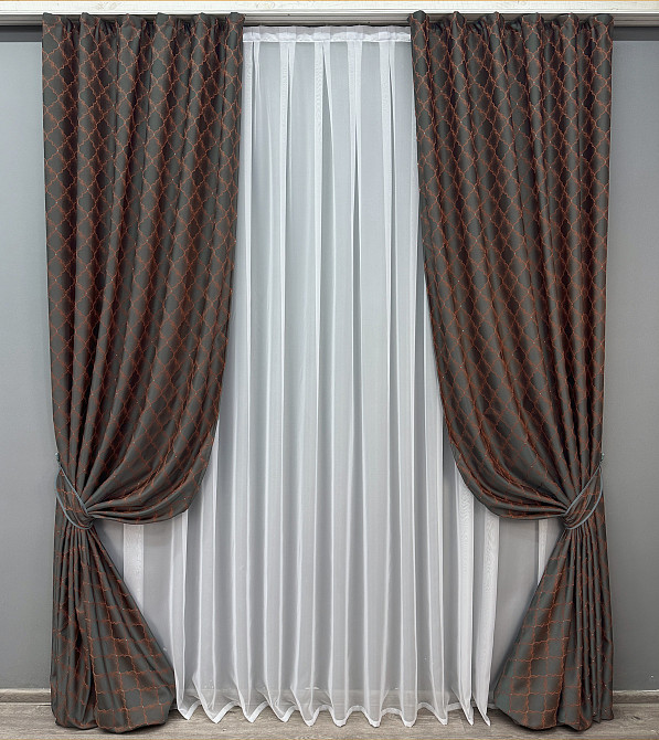 Комплект готових штор VR-Textil Жакард SAPFIR № 1752ш Графітовий з теракотовим 150х300 см 2 шт (33-0718) Київ - фото 2