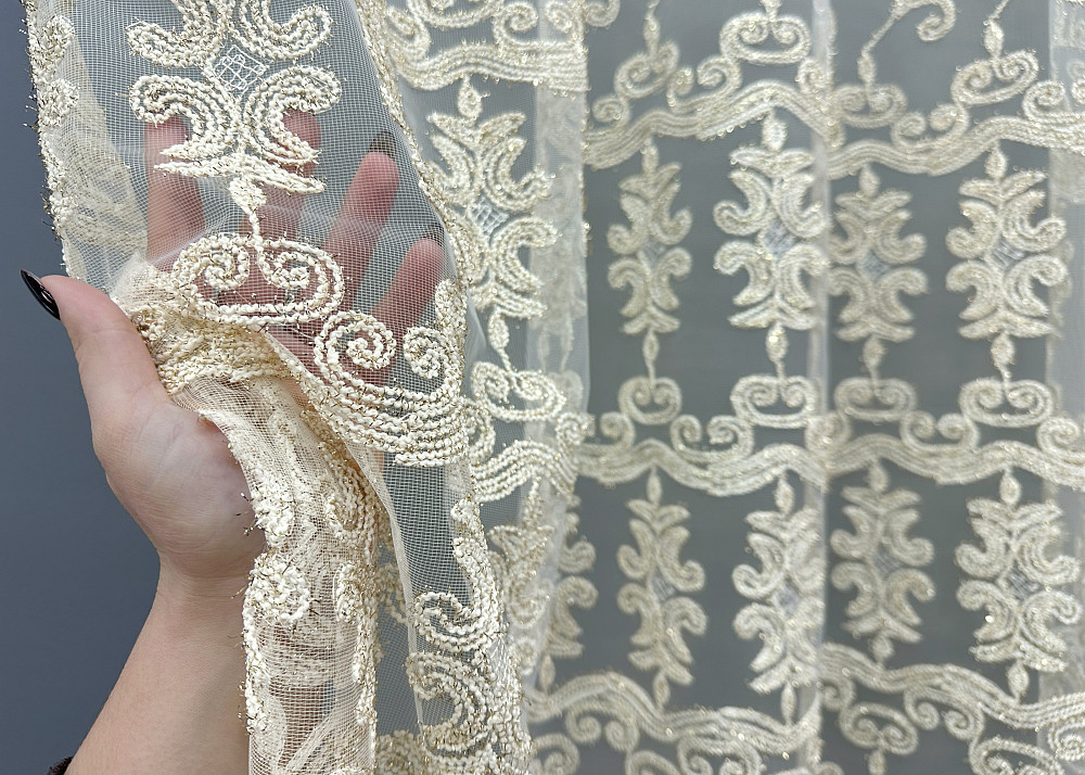Тюль VR-Textil 1851т Фатин с вышивкой Корд и люрексом Молочный с золотистым 300х270 см (40-205) Киев - изображение 4
