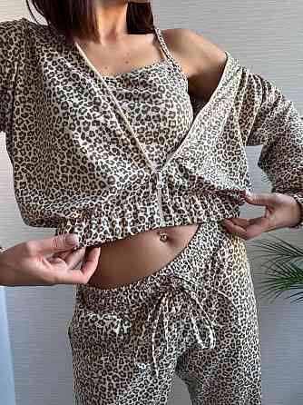 Жіночий леопардовий костюм-трійка з подвійним капюшоном двонитка Беж, 46/48 Одеса