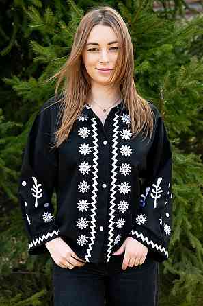 Жіноча сорочка з вишивкою, вишиванка з довгим рукавом чорна лляна  топ Київ