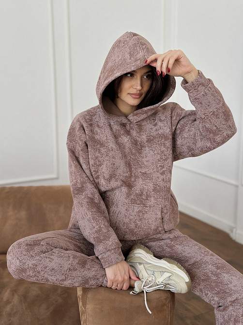 Теплый костюм женский мраморный принт на флисе Бежевый S-M Харьков - изображение 9