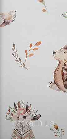 Шпалери флізелінові еко Rasch Kids World II 0.53х10 дитячі ведмедики косулі квіти намету бежеві на білому Київ