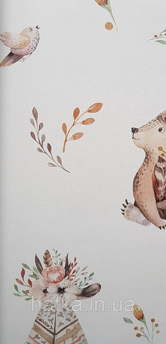 Шпалери флізелінові еко Rasch Kids World II 0.53х10 дитячі ведмедики косулі квіти намету бежеві на білому Київ - фото 2