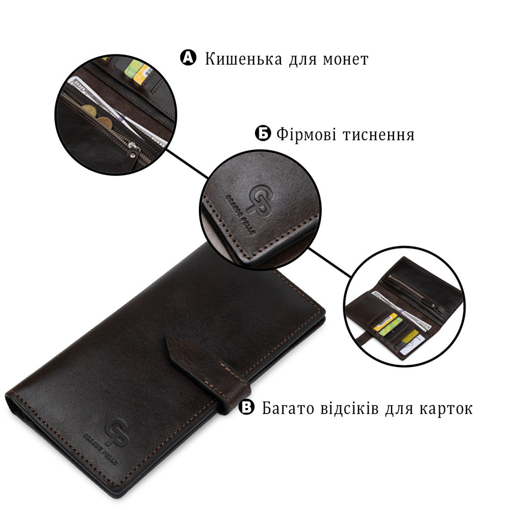 Шкіряне чоловіче глянсове портмоне Коричневий (GRANDE PELLE) Київ - фото 8