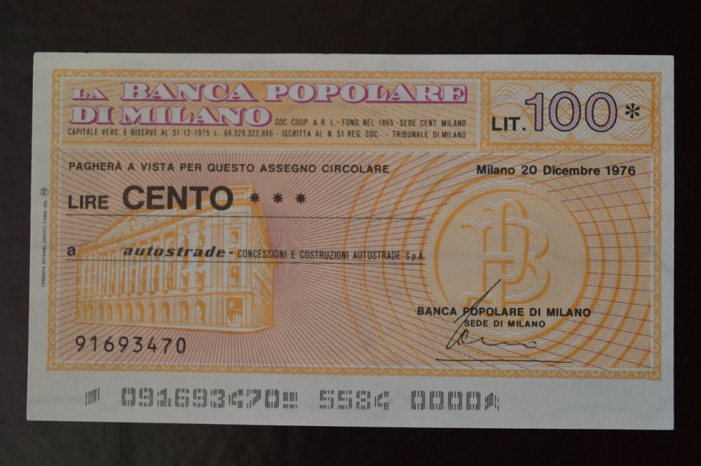 Чек. Италия 100 Лир 1976год (ЧК-1) ЛОТ 3 Полтава - изображение 1