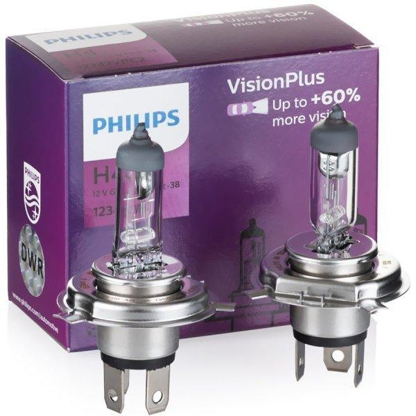 Комплект галогенових ламп PHILIPS H4 12342VPC2 VisionPlus +60% 60/55W 12 V P43t (2 шт.) Харків - фото 1