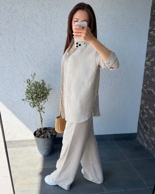 Жіночий лляний костюм oversize — блакитний, бежевий, рожевий Одеса - фото 11