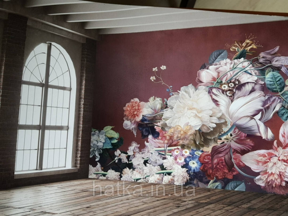 Фотошпалери безшовні флізелінові екологічно чисті Primavera великі квіти на бордовому тлі Київ - фото 1