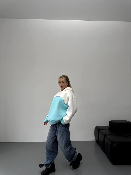 Женская базовая теплая худи на флис турецкая трехнить Бирюза Одесса - изображение 5