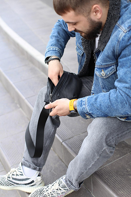 Бананка із натуральної шкіри, шкіряна сумка на пояс SKILL Two Line (Чорна) Суми - фото 11