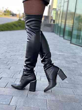 Ботфорти зимові жіночі шкіряні чорні на підборах, наповнювач вовна БД-9535 / Чоботи на зиму р. Коломия