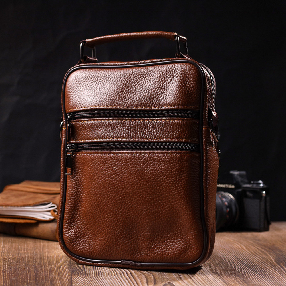 Стильна вертикальна чоловіча сумка із натуральної шкіри Vintage 21954 Світло-коричнева Київ - фото 2