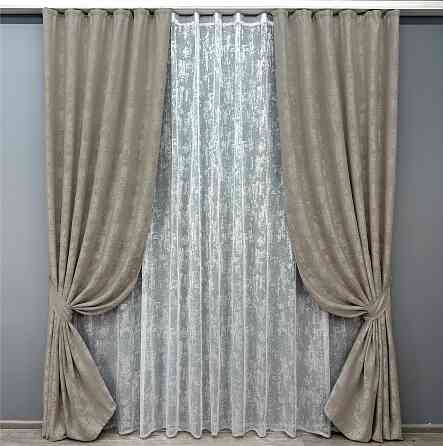 Комплект штор VR-Textil Жаккард Мрамор 200х270 2шт и Тюль 500х270 1143ш-1400т Капучино с белым 71-004/6 Киев