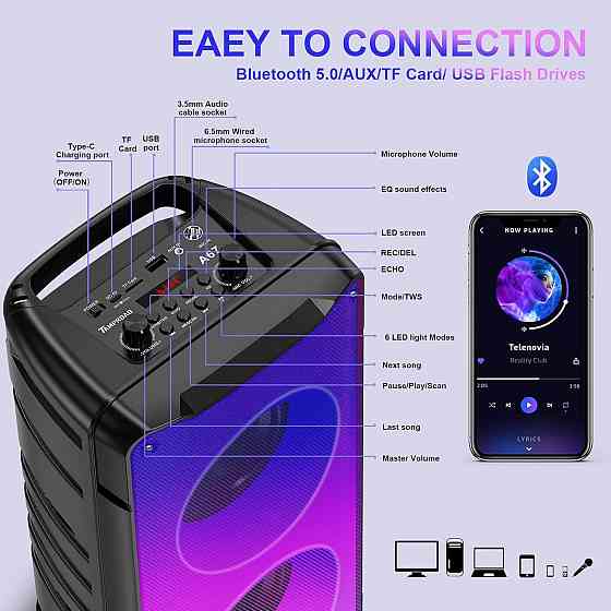 Колонка Bluetooth портативная беспроводная стереоколонка 60Вт с подсветкой TWS FM-радио, эквалайзер, Киев