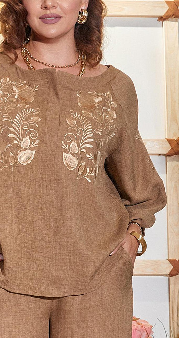 Льняной брючный костюм с вышивкой (50) Киев - изображение 2