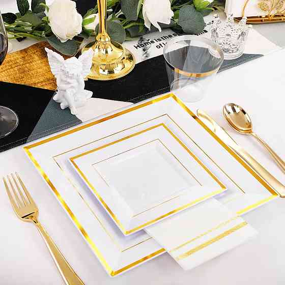Набор тарелок пластиковых 12 шт квадратные,десертные 16.5 см и обеденные 24 см, с золотистым контуром Каменец-Подольский
