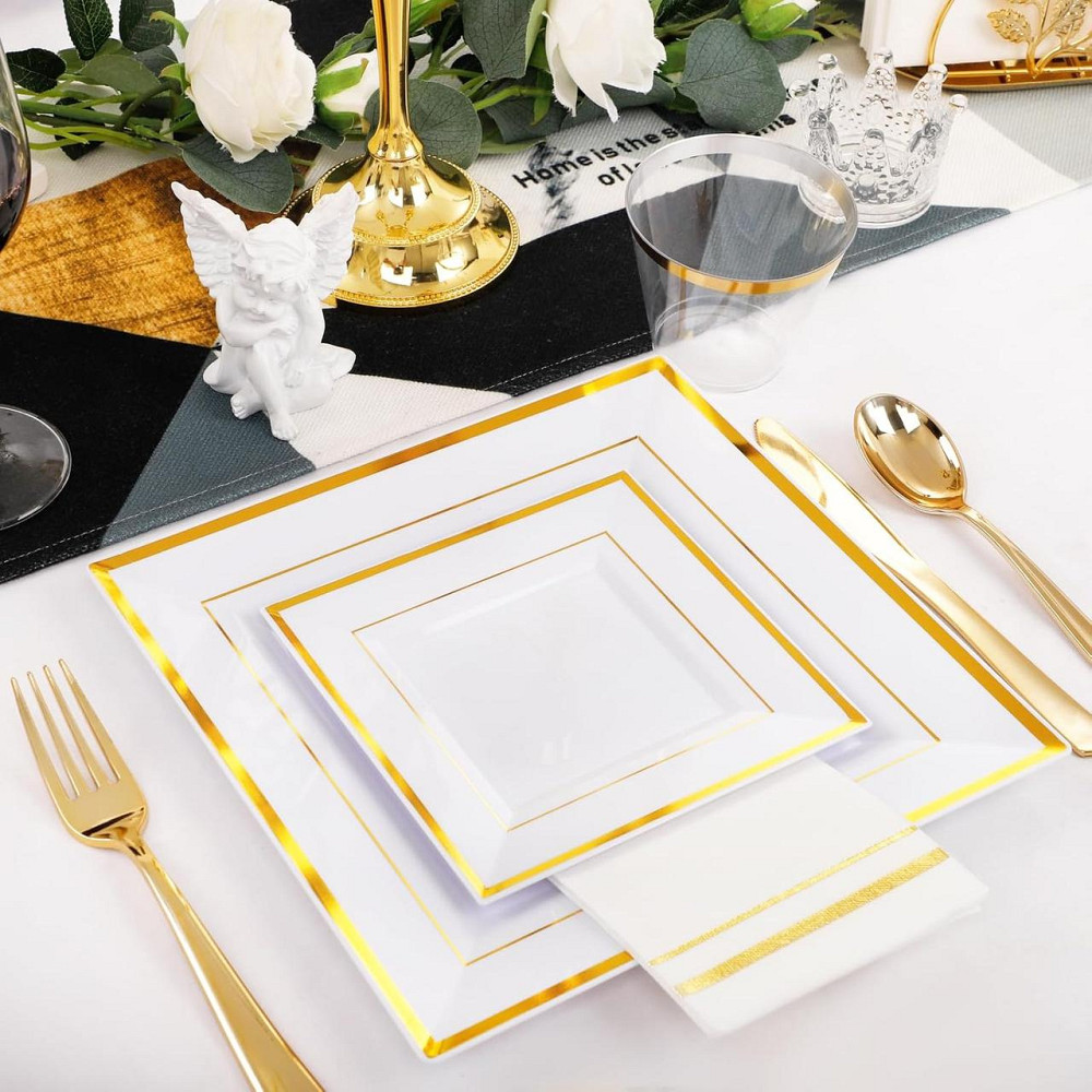 Набор тарелок пластиковых 12 шт квадратные,десертные 16.5 см и обеденные 24 см, с золотистым контуром Каменец-Подольский - изображение 5