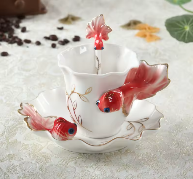 Чайная пара Чашка 200 мл с блюдцем и ложечкой Золотая рыбка костяной фарфор Кременчуг - изображение 1