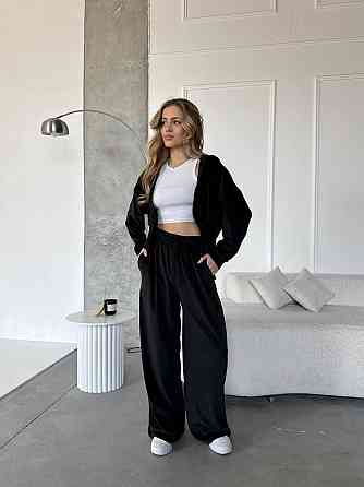 Женский повседневный костюм двойка: кофта и штаны велюр Черный, 46/48 Одесса