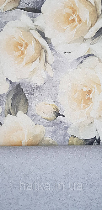 Обои виниловые на флизелине Sintra Adria метровые цветы розы крупные желтые зеленые на сером Киев - изображение 3