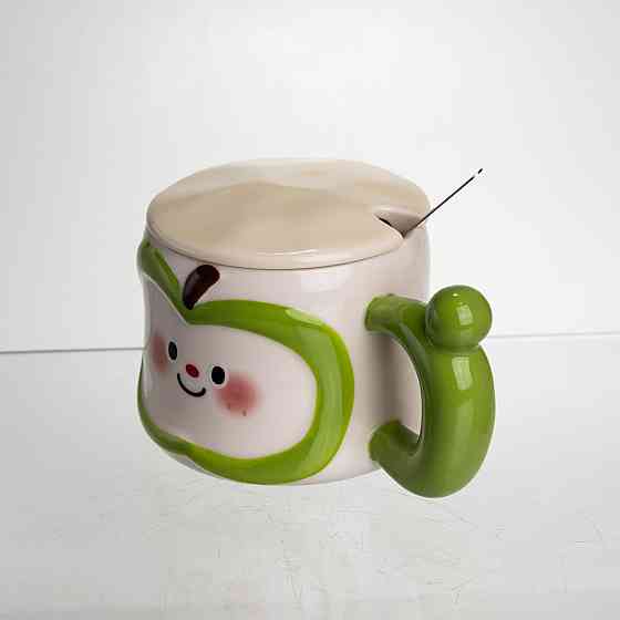 Чашка порцелянова 400 (мл) з кришкою та ложкою, оригінальна кружка на подарунок чашка для дітей Зелений FM-25A Коломия