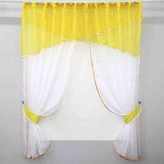 Кухонні штори VR-Textil № 091к з ламбрекеном і підв'язками жовтий з білим 280х170 см (52-0359) Київ