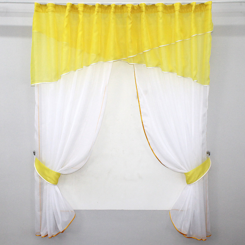 Кухонні штори VR-Textil № 091к з ламбрекеном і підв'язками жовтий з білим 280х170 см (52-0359) Київ - фото 1