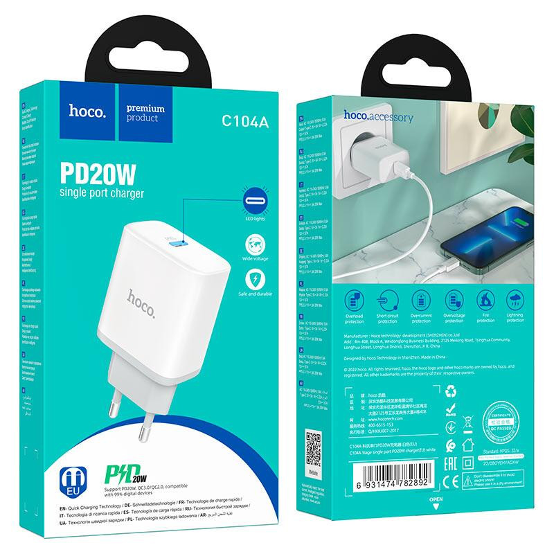 Мережевий зарядний пристрій HOCO C104A Stage single port PD20W charger White Одеса - фото 2